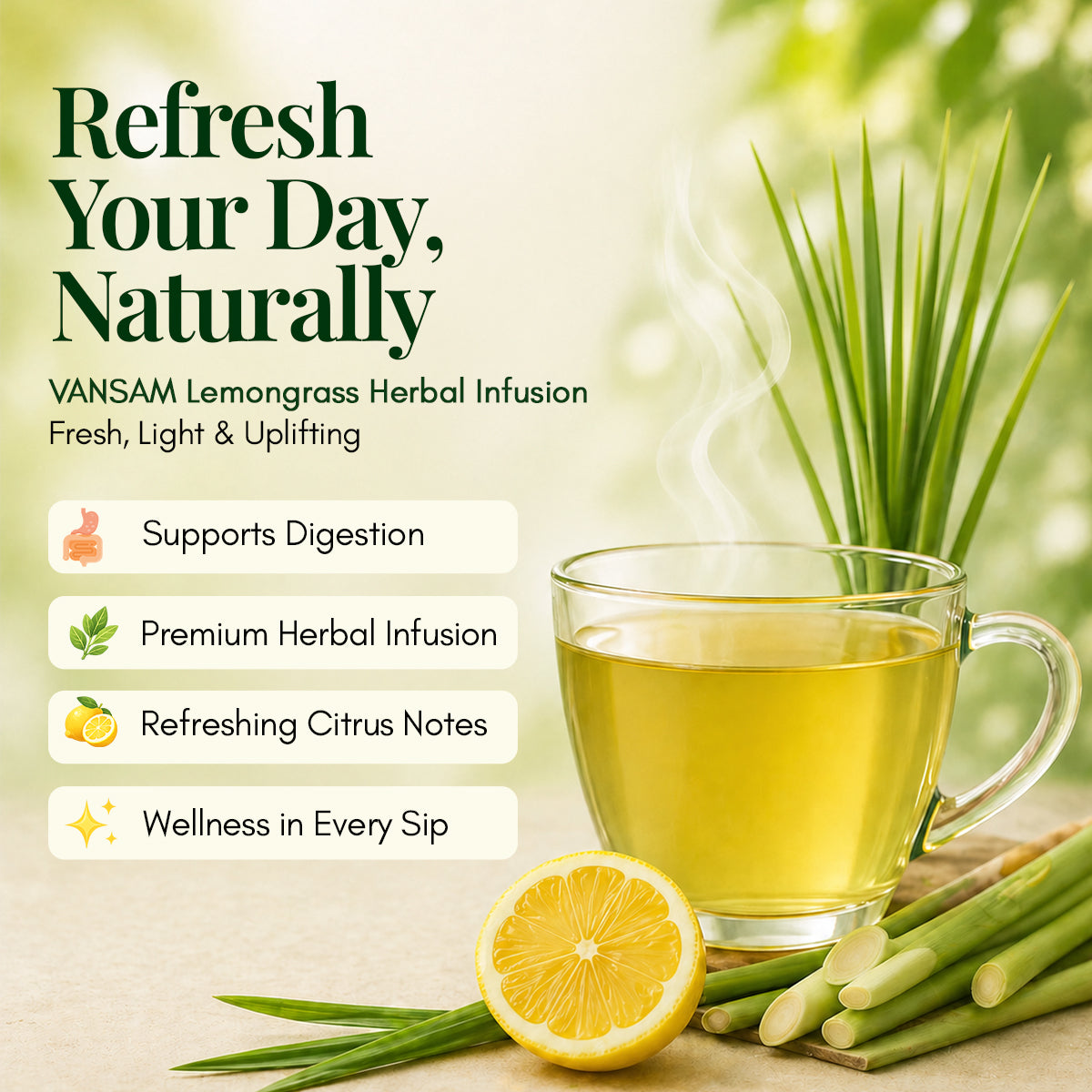 Vansam – Lemongrass Herbal Infusion | Refreshing Herbal Blend for Digestion, Detox & Immunity | 100gm Loose Leaf