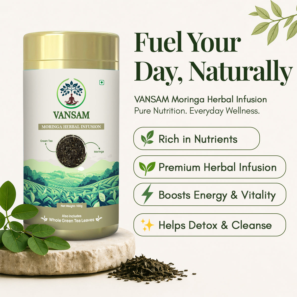 Vansam – Moringa Herbal Infusion | Herbal Infusion | Rich in Antioxidants | Boosts Immunity & Metabolism | 100gm Loose Leaf