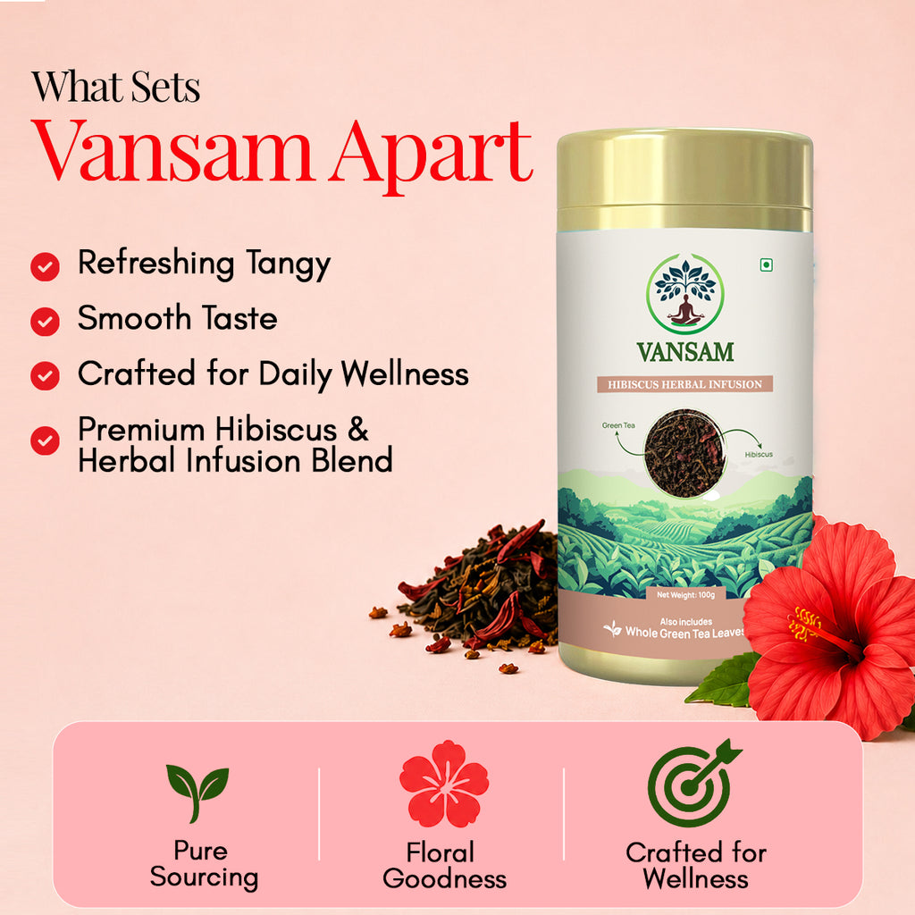 Vansam – Hibiscus Herbal Infusion | Antioxidant-Rich Herbal Blend for Heart Health & Detox | Caffeine-Light | 100gm Loose Leaf