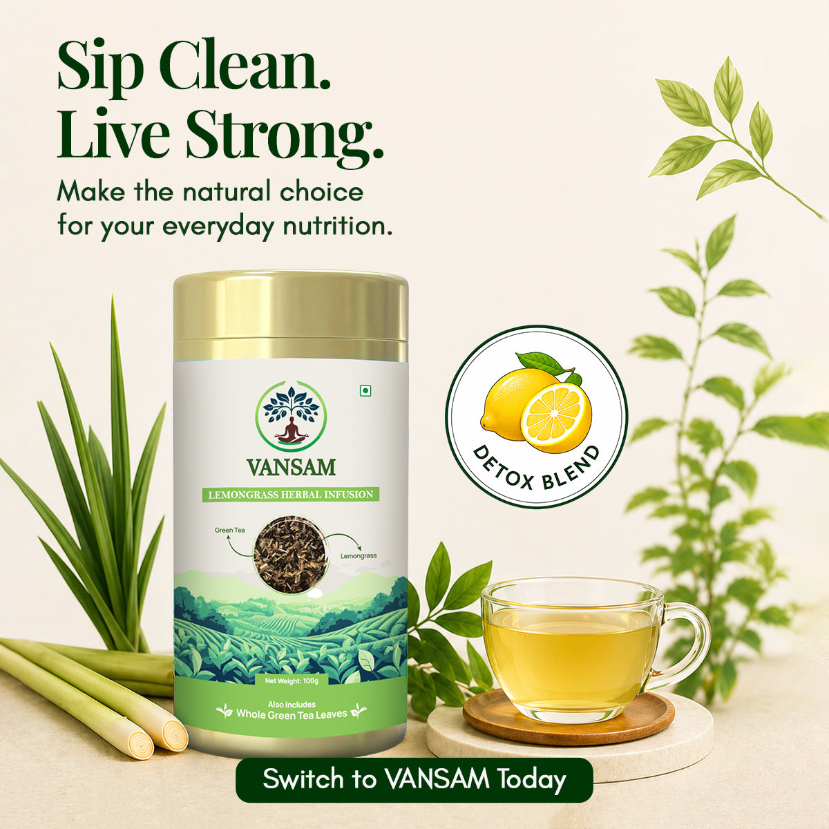 Vansam – Lemongrass Herbal Infusion | Refreshing Herbal Blend for Digestion, Detox & Immunity | 100gm Loose Leaf